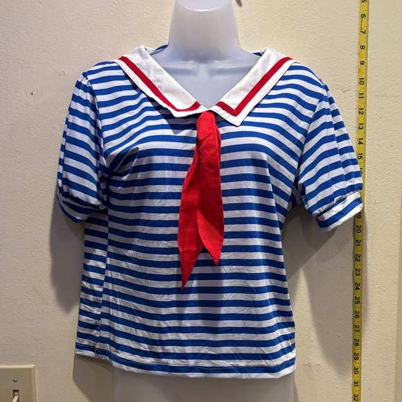 Blue and White Striped  Sailor Top with Red Accent - Picture 1 of 3